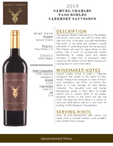 2019 Samuel Charles Paso Robles Cabernet Sauvignon – Fact Sheet