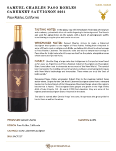 2021 Samuel Charles Paso Robles Cabernet Sauvignon – Fact Sheet