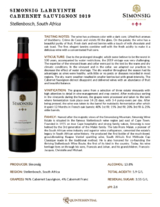 2019 Simonsig ‘Labyrinth’ Cabernet Sauvignon – Fact Sheet