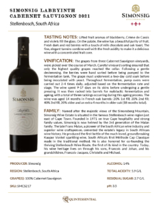 2021 Simonsig ‘Labyrinth’ Cabernet Sauvignon – Fact Sheet