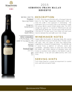 2015 Simonsig Frans Malan Reserve – Fact Sheet