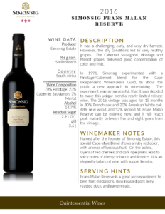 2016 Simonsig Frans Malan Reserve – Fact Sheet