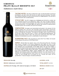 2017 Simonsig Frans Malan Reserve – Fact Sheet