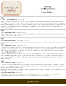 Simonsig Frans Malan Reserve – Press Highlights