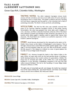 2021 Tall Sage Cabernet Sauvignon – Fact Sheet