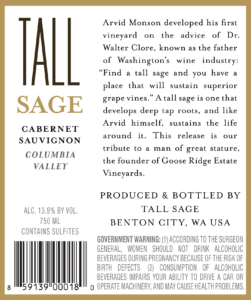 Tall Sage Cabernet Sauvignon – Back Label – Non-Vintage