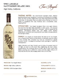 2021 Two Angels Sauvignon Blanc – Fact Sheet