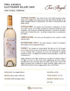 2023 Two Angels Sauvignon Blanc – Fact Sheet