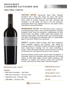 2023 Eponymous Cabernet Sauvignon – Fact Sheet
