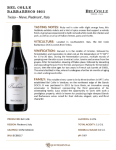 2021 Bel Colle Barbaresco DOCG – Fact Sheet