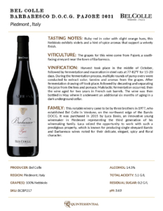 2021 Bel Colle Barbaresco DOCG Pajorè – Fact Sheet