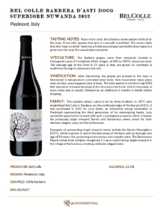 2022 Bel Colle Barbera d’Asti Superiore Nuwanda – Fact Sheet