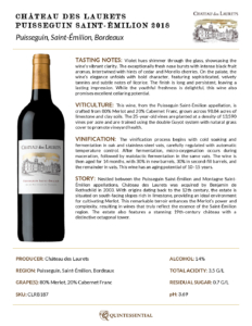 2018 Château des Laurets Puisseguin Saint-Émilion – Fact Sheet