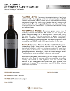 2021 Eponymous Cabernet Sauvignon – Fact Sheet