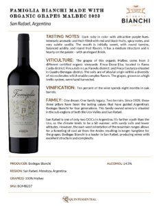 2023 Famiglia Bianchi Malbec, Made with Organic Grapes – Fact Sheet