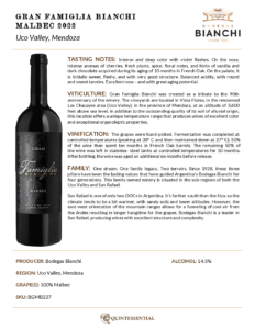 2022 Gran Famiglia Bianchi Malbec – Fact Sheet