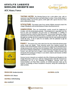 2023 Gustave Lorentz Riesling Reserve – Fact Sheet