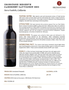 2022 Ironstone Reserve Cabernet Sauvignon – Fact Sheet