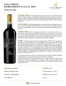 2021 Luca Bosio Barbaresco DOCG – Fact Sheet