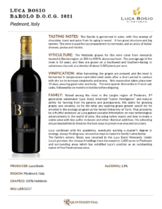 2021 Luca Bosio Barolo DOCG – Fact Sheet