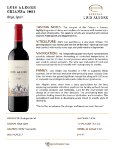 2021 Luis Alegre Crianza – Fact Sheet