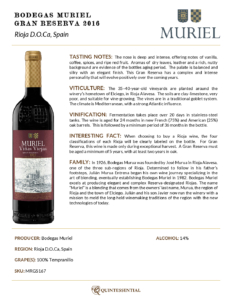 2016 Muriel Gran Reserva – Fact Sheet