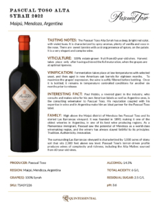 2022 Pascual Toso Alta Syrah – Fact Sheet