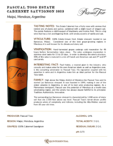 2023 Pascual Toso Estate Cabernet Sauvignon – Fact Sheet