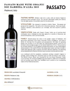 2022 Passato Barbera d’Alba, Made with Organic Grapes – Fact Sheet