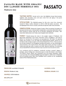 2021 Passato Langhe Nebbiolo, Made with Organic Grapes – Fact Sheet