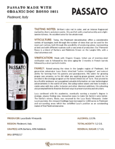 2021 Passato Piemonte DOC Rosso, Made with Organic Grapes – Fact Sheet