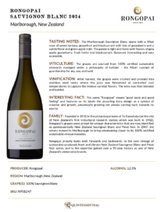 2024 Rongopai Marlborough Sauvignon Blanc – Fact Sheet
