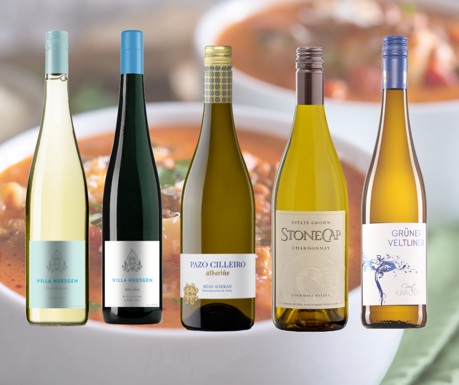 Villa Huesgen, Pazo Cilleiro, StoneCap and Count Karolyi wines pictured over a bowl of tortellini soup