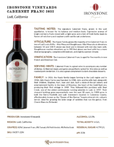 2022 Ironstone Cabernet Franc – Fact Sheet