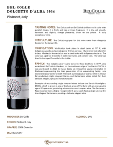 2024 Bel Colle Dolcetto d’Alba DOC – Fact Sheet