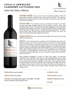 2020 Lucas & Lewellen Cabernet Sauvignon – Fact Sheet
