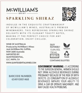McWilliam’s Sparkling Shiraz NV – Back Label