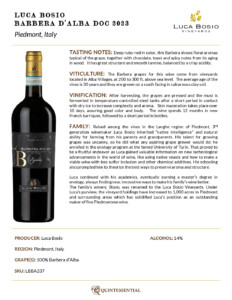 2023 Luca Bosio Barbera d’Alba ‘Egidio’ – Fact Sheet