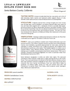 2022 Lucas & Lewellen Pinot Noir – Fact Sheet