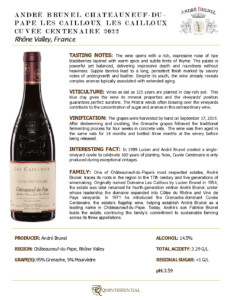 2022 André Brunel Châteauneuf-du-Pape Les Cailloux Cuvée Centenaire – Fact Sheet