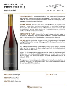 2022 Benton Hills Pinot Noir – Fact Sheet