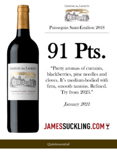 2018 Château des Laurets -Puisseguin St. Emilion – 91pts James Suckling- January 2021- Sell Sheet