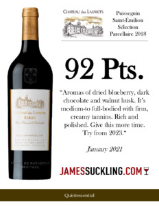 2018 Château des Laurets -Puisseguin St. Émilion Sélection Parcellaire – 92pts James Suckling- January 2021- Sell Sheet