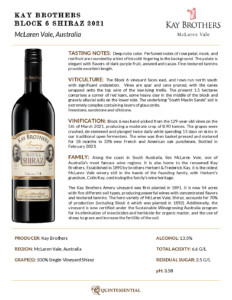 2021 Kay Brothers Block 6 Shiraz – Fact Sheet