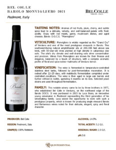 2021 Bel Colle Barolo Monvigliero DOCG – Fact Sheet