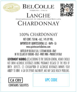 Bel Colle Langhe DOC Chardonnay – Back Label – Non-Vintage