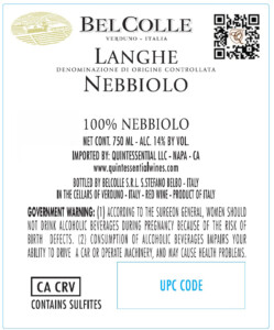Bel Colle Langhe DOC Nebbiolo – Back Label – Non-Vintage