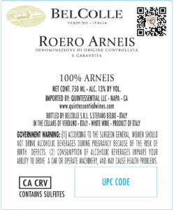 Bel Colle Roero Arneis – Back Label – Non-Vintage