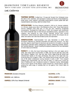 2022 Ironstone Reserve Rous Vineyards ‘Ancient Vines’ Zinfandel – Fact Sheet