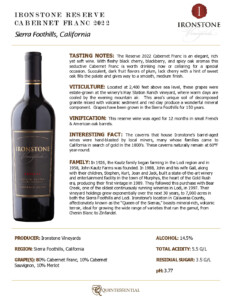2022 Ironstone Reserve Cabernet Franc – Fact Sheet